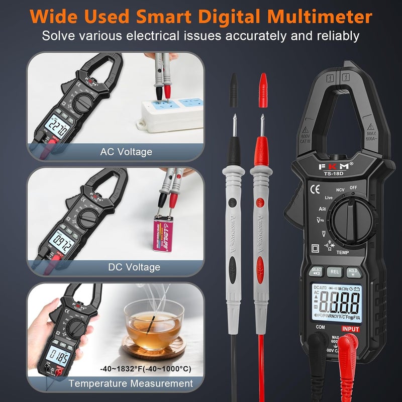 FKM AC/DC Amp Clamp Meter Multimeter Tester TRMS 6000 Counts Auto-ranging Smart Digital Voltage Tester,for AC/DC Current/Voltage,NCV Detection,Capacitance,Resistance,Ohm,Continuity,Diode,Hz,Temp Test - Image 5